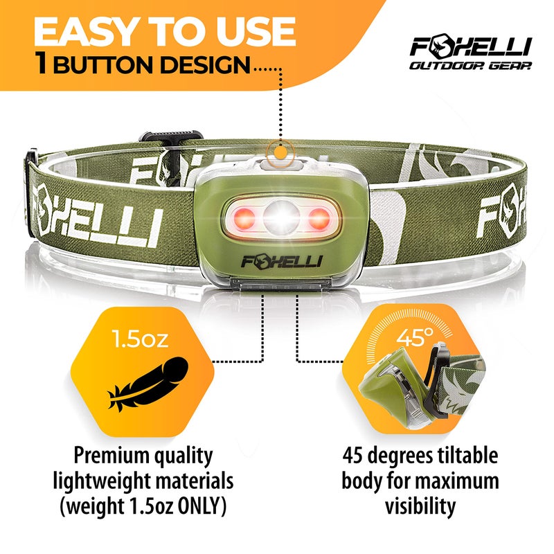 Foxelli LED Headlamp Flashlight for Adults & Kids, Running, Camping, Hiking Head Lamp with White & Red Light, Comfortable Headband, Lightweight & Waterproof, 3 AAA Batteries - Image 2